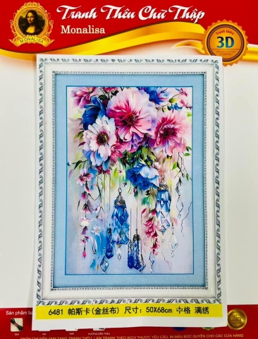 Tranh thêu kín hoa bên cửa 6481, kích thước 50x 68 cm
