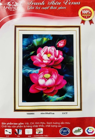 Tranh thêu kín Hoa sen đỏ VS8964, kích thước 50 x 67 cm