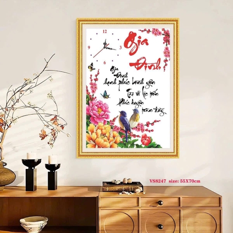 Tranh thêu đồng hồ Cha mẹ VS8247, kích thước 55 x70 cm