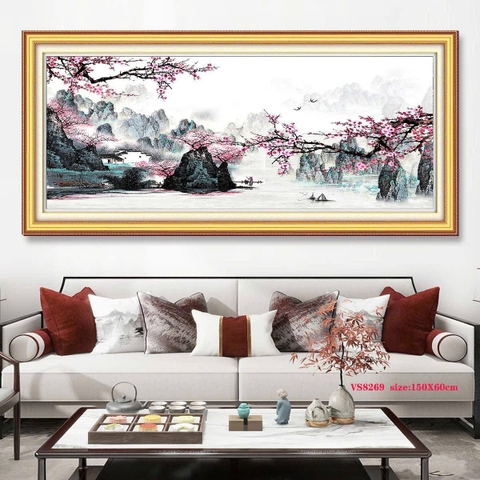 Tranh thêu kín Phong cảnh thủy mặc VS8269, kích thước 150 x 60 cm