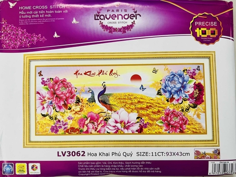 Tranh thêu khai xuân phú quý LV3062, kích thước 93 x 43 cm