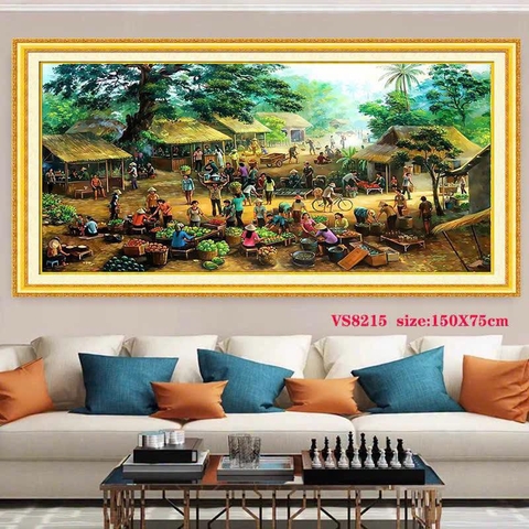 Tranh thêu kín Chợ quê VS8215, kích thước 150x70 cm