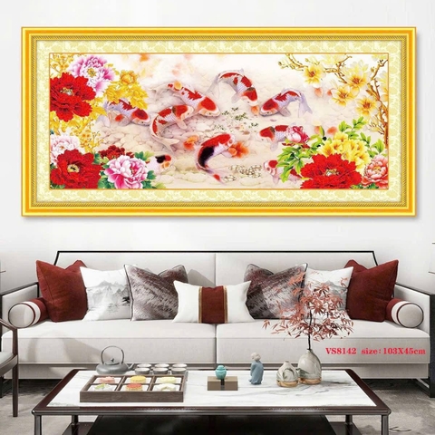 Tranh thêu kín Cửu ngư quần hội VS8142, kích thước 103 x 45 cm