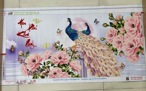 [Đã đính ] Tranh thành phẩm Hoa khai phú quý DF830, kích thước 110 x 55 cm