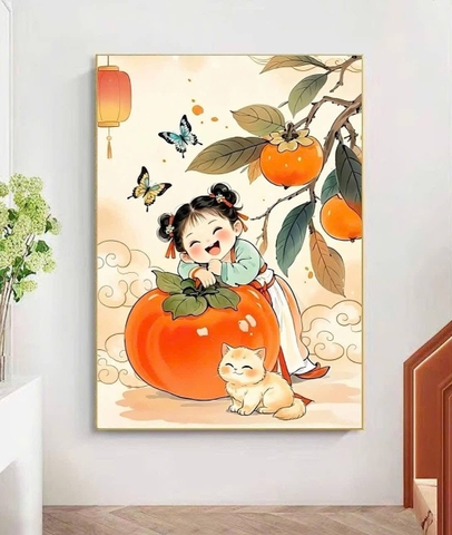 Tranh bé gái quả hồng 70898, kích thước 50 x 67 cm