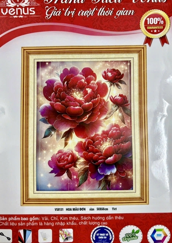 Tranh thêu kín Hoa mẫu đơn VS8131, kích thước 50 x 68 cm