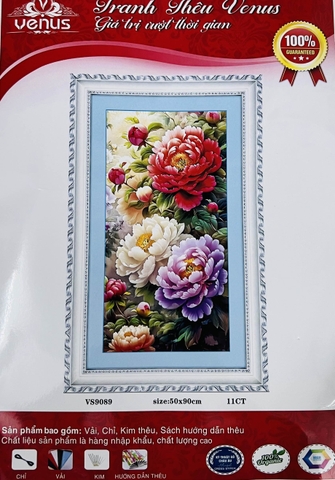Tranh thêu kín Hoa mẫu đơn tươi sắc VS9089, kt 50x 90 cm
