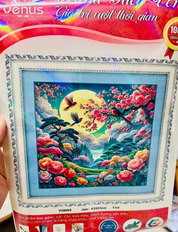 Tranh thêu kín Phong cảnh mùa xuân VS8069, kích thước 63 x 63 cm