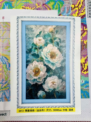 Tranh thêu Hoa mẫu đơn 6413, kích thước 50 x 68 cm