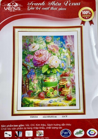 Tranh thêu kín con công hoa mẫu đơn VS9154, kích thước 63 x 81 cm