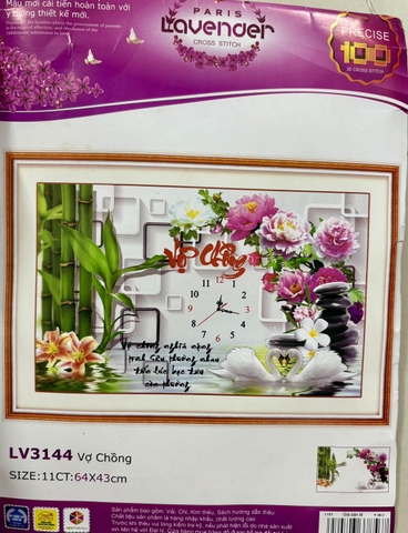 Tranh thêu đồng hồ vợ chồng LV3144, kích thước 64x43cm