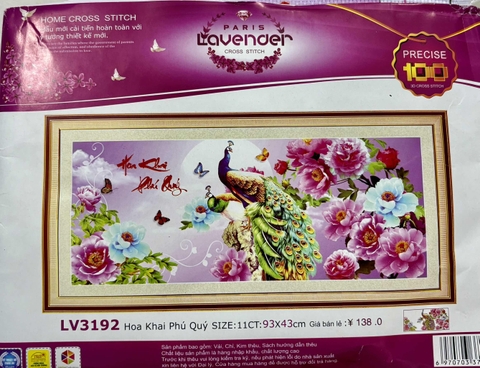 Tranh thêu chữ thập Hoa khai phú quý LV3192, kích thước 93 x 43 cm