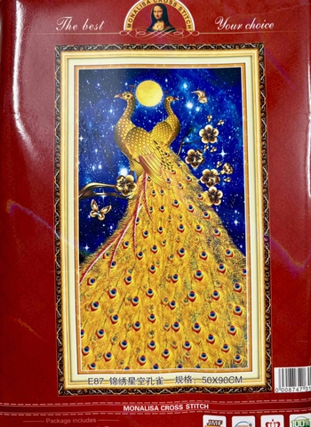 Tranh thêu kín đôi công vàng Phú quý E87, kích thước 50 x 90 cm
