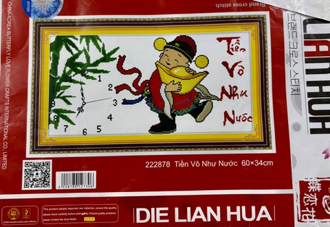 Tranh thêu chữ thập đồng hồ thần tài tiền vô như nước tiền 222878