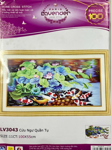 Tranh thêu chữ thập Cửu ngư quần hội LV3043, kích thước 100 x55 cm