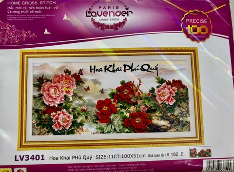 Tranh thêu chữ thập Hoa khai phú quý LV3401, kích thước 100 x 50 cm, tranh 3D (không thêu kín)