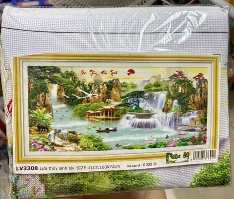 Tranh thêu chữ thập Lưu thủy sinh tài LV3308, kích thước (Thêu 3D), kích thước 160 x 72 cm