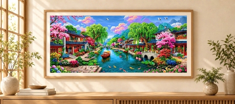 Tranh thêu kín Phong cảnh Giang nam VS9171, kích thước 120 x 55 cm