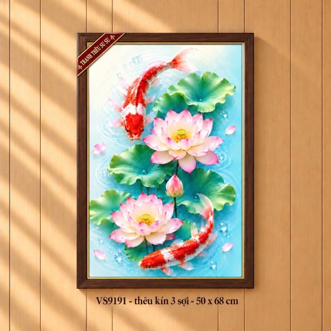 Tranh thêu kín Hoa sen và cá koi VS9191, kích thước 50 x 68 cm
