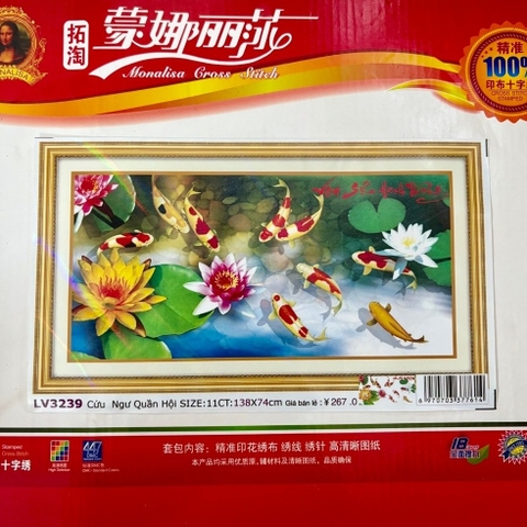 Tranh thêu cửu ngư quần hội LV3239, kích thước 138 x 74 cm