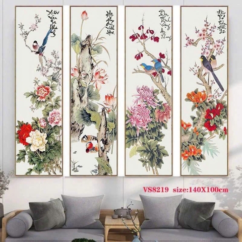 Tranh tứ quý thêu kín Xuân Hạ thu đông VS8219, kt 140 x 100 cm (4 miếng vải rời)