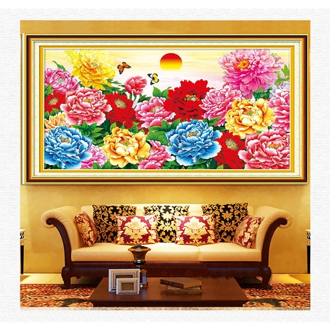 Tranh thêu chữ thập Hoa mẫu đơn E27 kích thước 100 x 60 cm