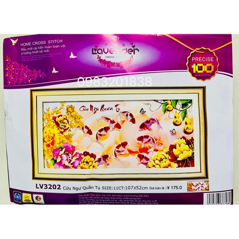 Tranh thêu chữ thập Cửu ngư quần tụ LV3202, kích thước 107 x 52 cm
