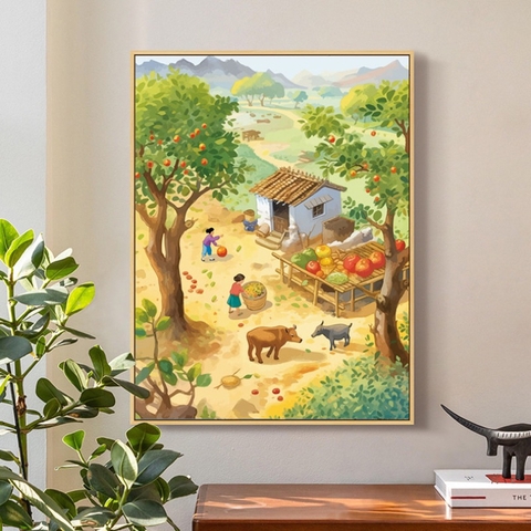 Tranh thêu kín Phong cảnh làng quê mùa gặt, kích thước 50 x 60 cm