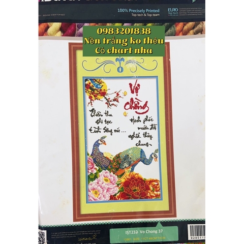 Tranh thêu chữ thập Vợ chồng, kích thước 48 x 74 cm, nền trắng không thêu