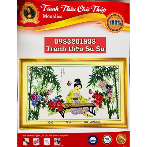 Tranh thêu chữ thập nàng tiên gãy đàn 3032, nền trắng không thêu, kích thước 90 x 50 cm