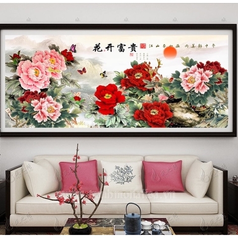 Tranh thêu kín Hoa mẫu đơn FJ0774, kích thước 150 x 65 cm