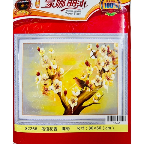 Tranh thêu kín chữ thập Hoa mai vàng và chim 82266, kích thước 80 x 60 cm