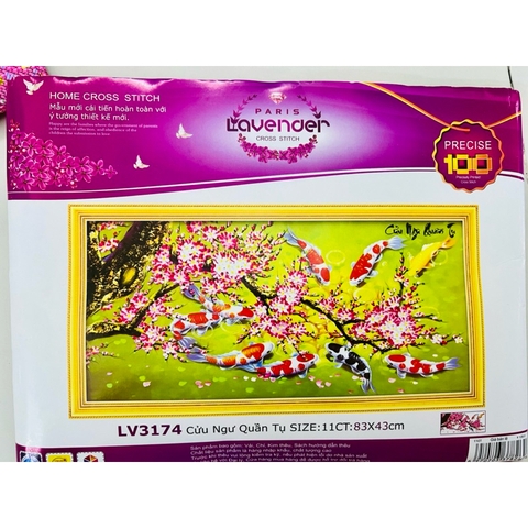 Tranh thêu 3D Cửu ngư cành đào LV3174, kích thước 83 x 44 cm