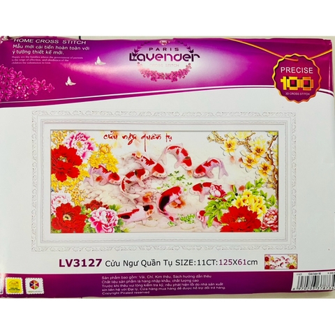 Tranh thêu 3D Cửu ngư quần hội LV3127, kích thước 125 x 60 cm