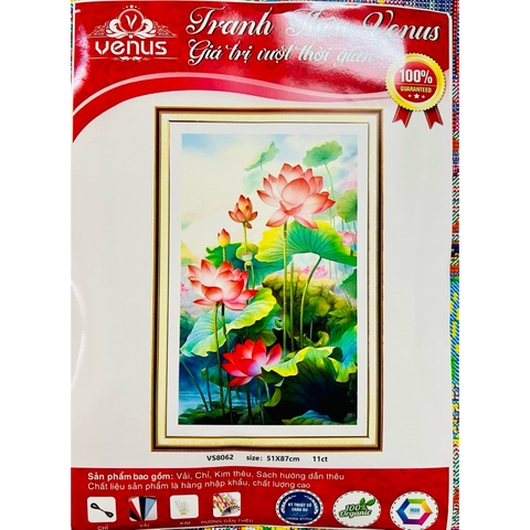 Tranh thêu kín Hoa sen tinh khiết VS8062, kích thước 50 x 85 cm