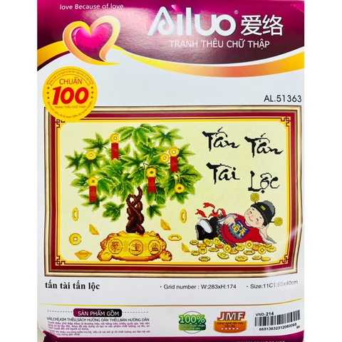 Tranh thêu chữ thập Tấn Tài tấn lộc AL51363, kích thước 65 x 40 cm
