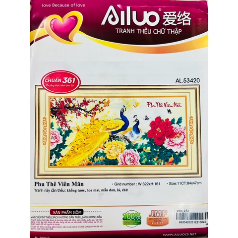 Tranh thêu kín Đôi công phu thê viên mãn AL53420, kích thước 84 x 47 cm