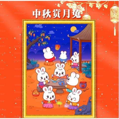 [Thêu 4 sợi] Tranh thêu kín Thỏ vui ca, kích thước 60 x 80 cm