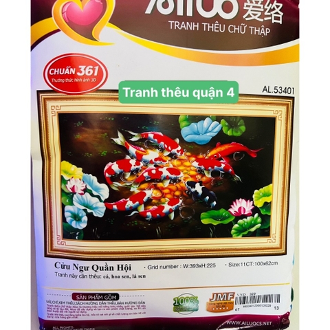 Tranh thêu 3D Cửu ngư quần hội AL53401, kích thước 100 x 50 cm