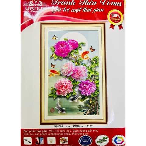 Tranh thêu kín Hoa mẫu đơn dưới trăng VS8088, kích thước 50 x 90 cm