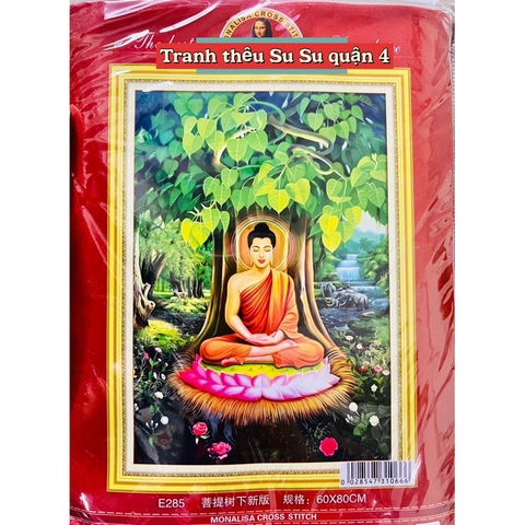Tranh thêu kín Phật thích ca ngồi dưới gốc cây bồ đề E285, kích thước 60 x 80 cm