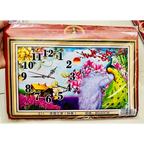 Tranh thêu kín đồng hồ chim công E11, kích thước 80 x 50 cm