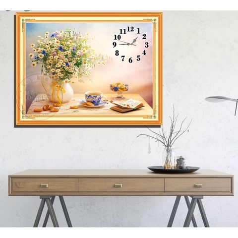 [Thêu kín] Tranh thêu chữ thập đồng hồ hoa cúc E219, kích thước 60 x 80 cm