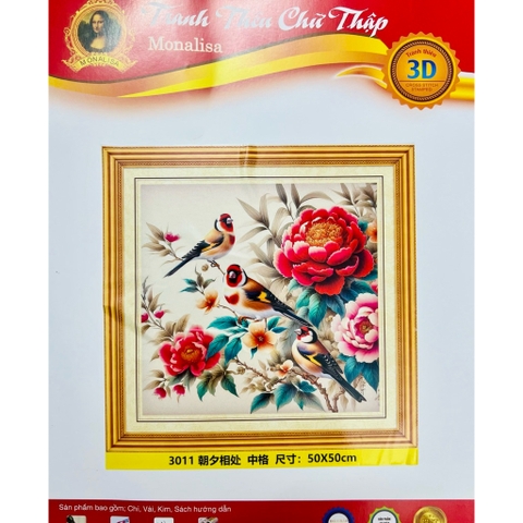 Tranh thêu kín Đôi chim và hoa 3011, kích thước 50*50 cm