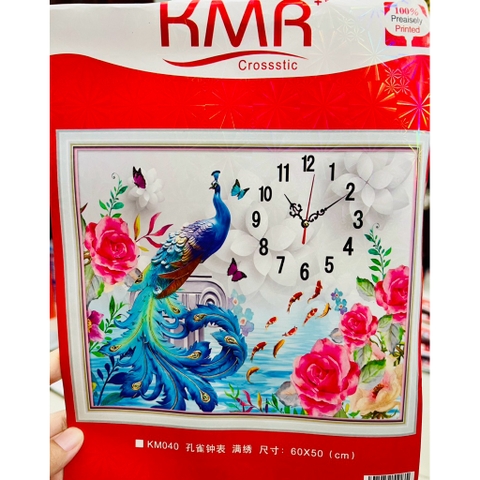 [Hàng mới] Tranh thêu kín đồng hồ chim công KM040, Kích thước 50x60cm