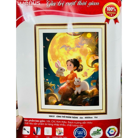 Tranh thêu kín Cô gái cùng thỏ ngắm trăng VS8137, kích thước 40x50cm, 11ct
