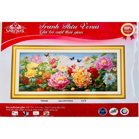 Tranh thêu kín Hoa mẫu đơn xinh tươi VS9042, kích thước 167x 76 cm
