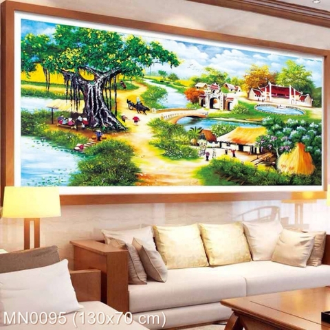 Tranh thêu kín Cây đa đầu làng MN0095, kích thước 130 x 70 cm