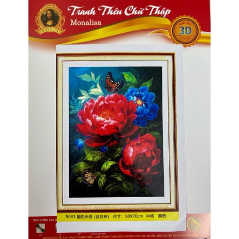Tranh thêu kín chữ thập Hoa mẫu đơn đỏ 5031, kích thước 50 x 70 cm