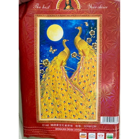 Tranh thêu kín Đôi công phu thê E146, kích thước 50 x 90 cm